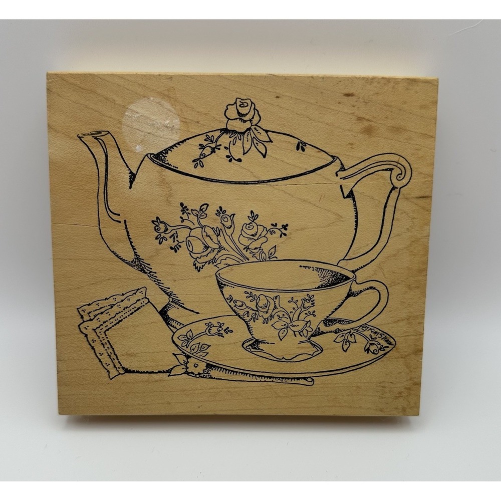 Stampourri Kimberly Shaw Tea Time S22 Teapot Wood Rubber Stamp Vintage 2003 New